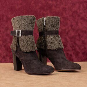 Donald Pliner Women Carmen Brown Suede Folded Bucket Heel Ankle Boots sz 9.5